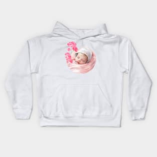 Cute Girl Baby Girl With Pink Wild Flowers . Kids Hoodie